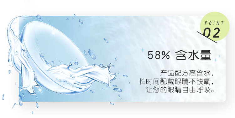 point02\58% 含水量:产品配方高含水，长时间配戴眼睛不缺氧，让您的眼睛自由呼吸。